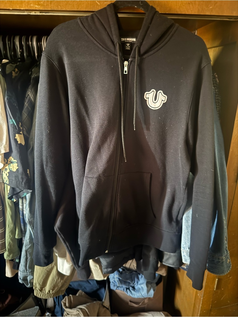 True Religion Men’s Black Zip Front Hoodie with Logo Patch